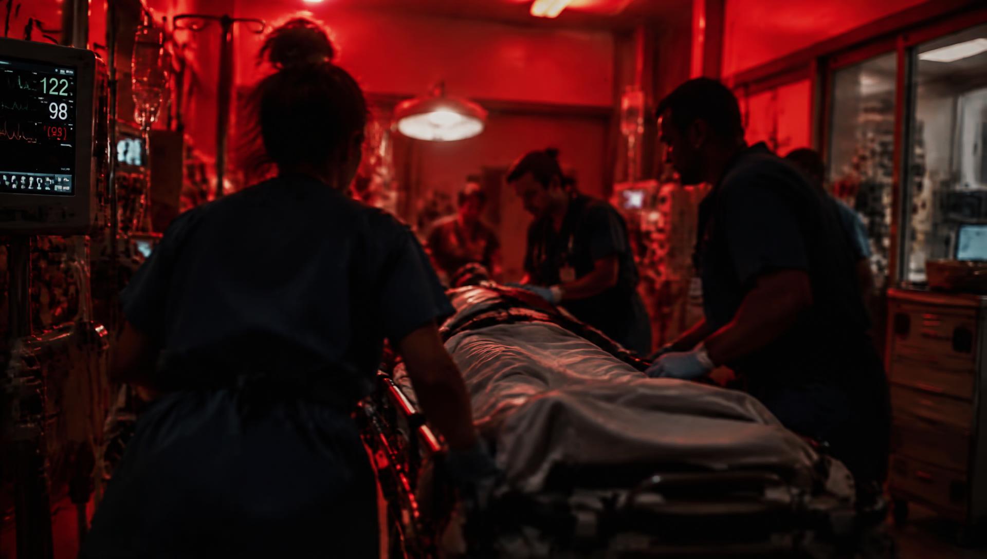 Equipe médica atendendo paciente em sala de emergência